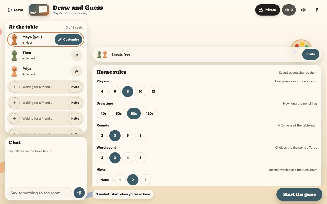 A Draw and Guess lobby on Boardit with three players seated