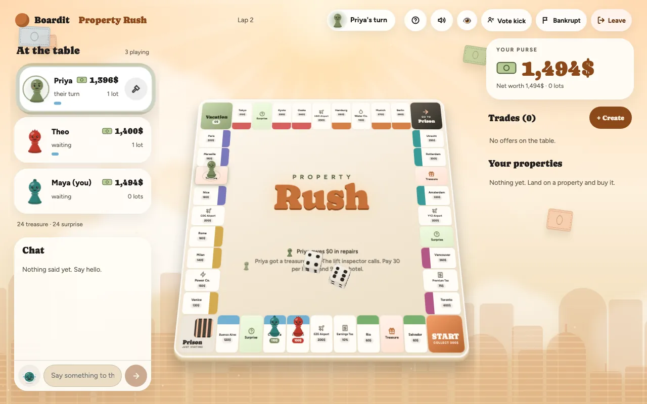A three-player Property Rush game on Boardit on lap 2: the board of cities grouped by country, each player's purse, and a card just drawn