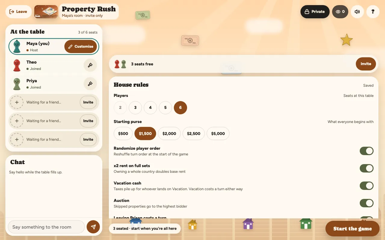 A Property Rush lobby on Boardit: three players seated and the host's house rules, including the starting purse and the rule switches