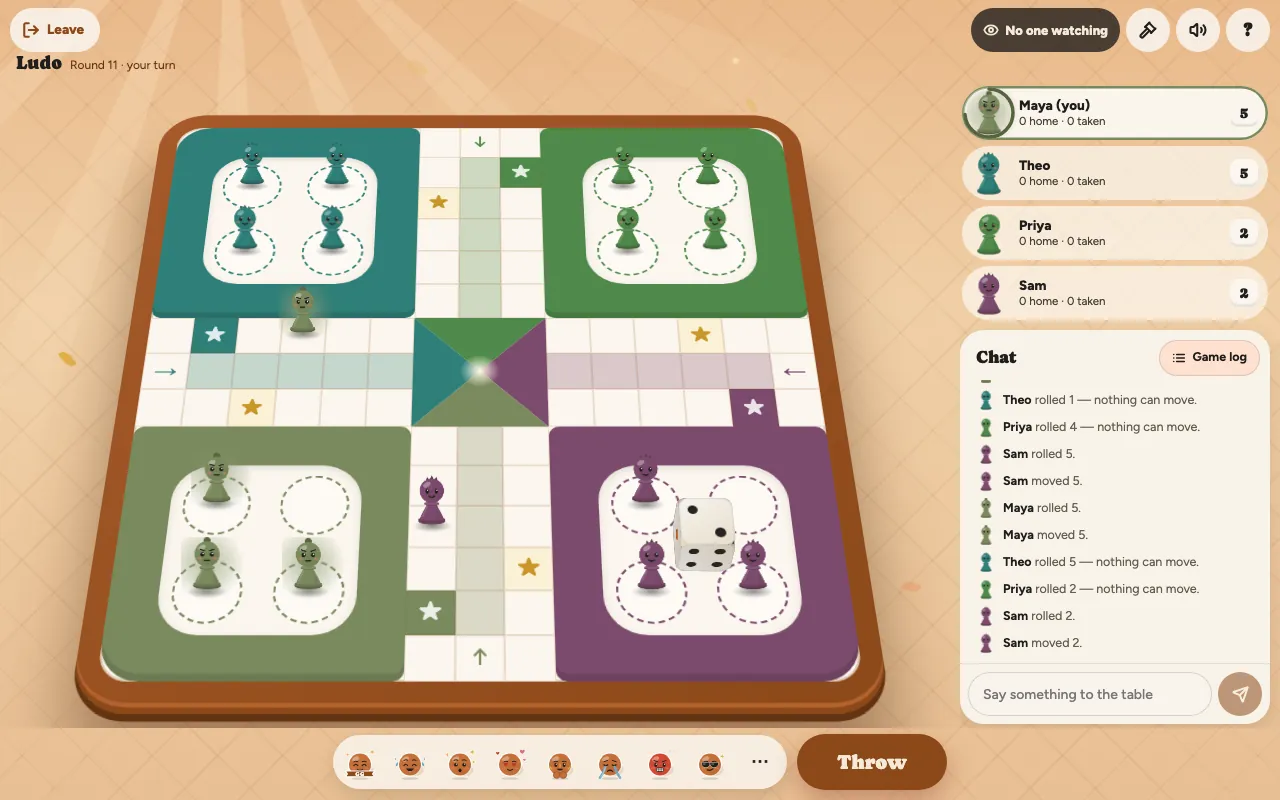 A four-player Ludo game on Boardit in round 11: the board with pieces in all four bases, one piece out on the track, the scores and the game log beside it