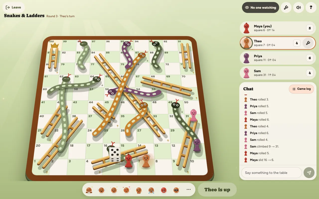 A four-player Snakes and Ladders game on Boardit in round 3, with the board, the players' squares and the game log