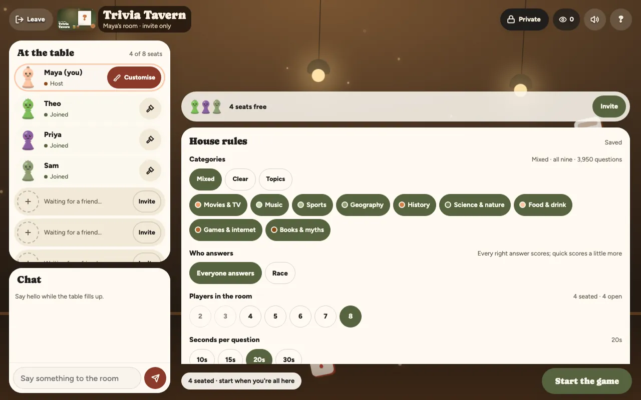 A Trivia Tavern lobby on Boardit with four players seated