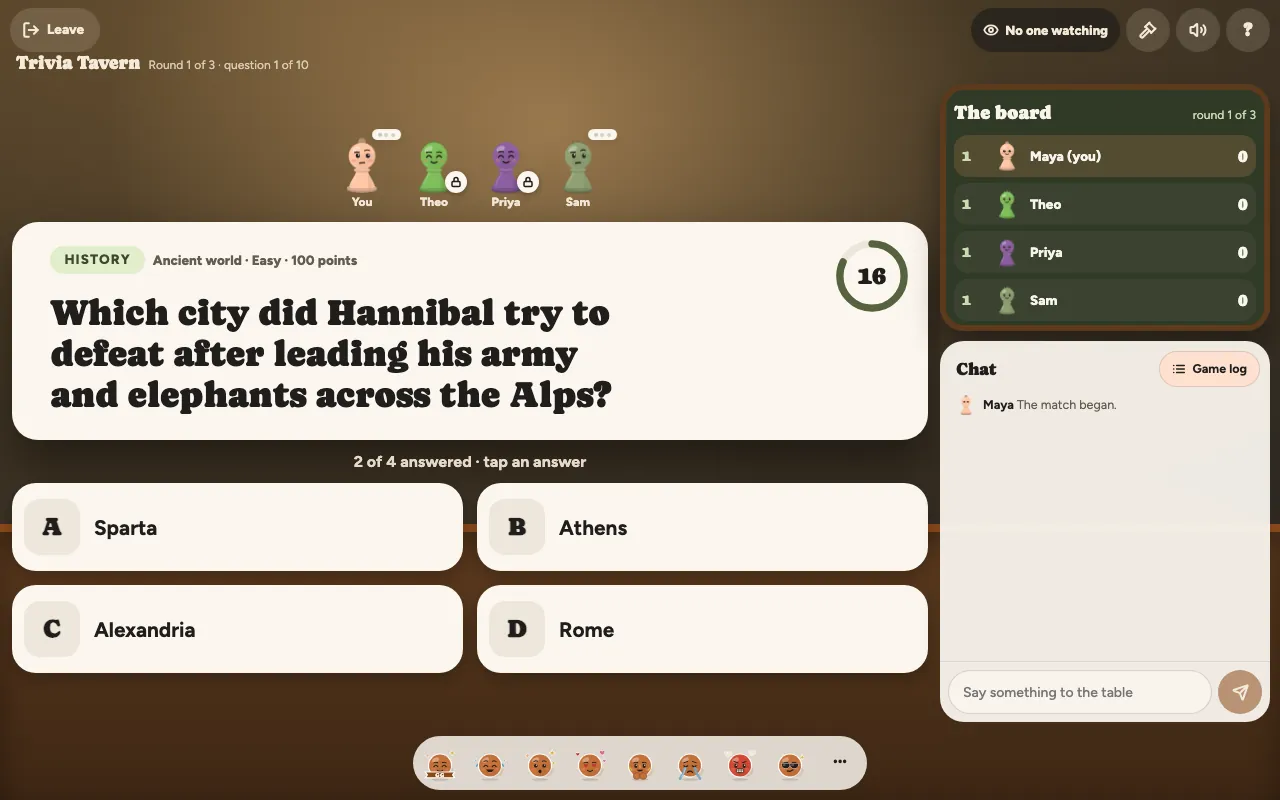 A Trivia Tavern question on Boardit: a 100-point easy history question with four answers, two of four players answered and 16 seconds left